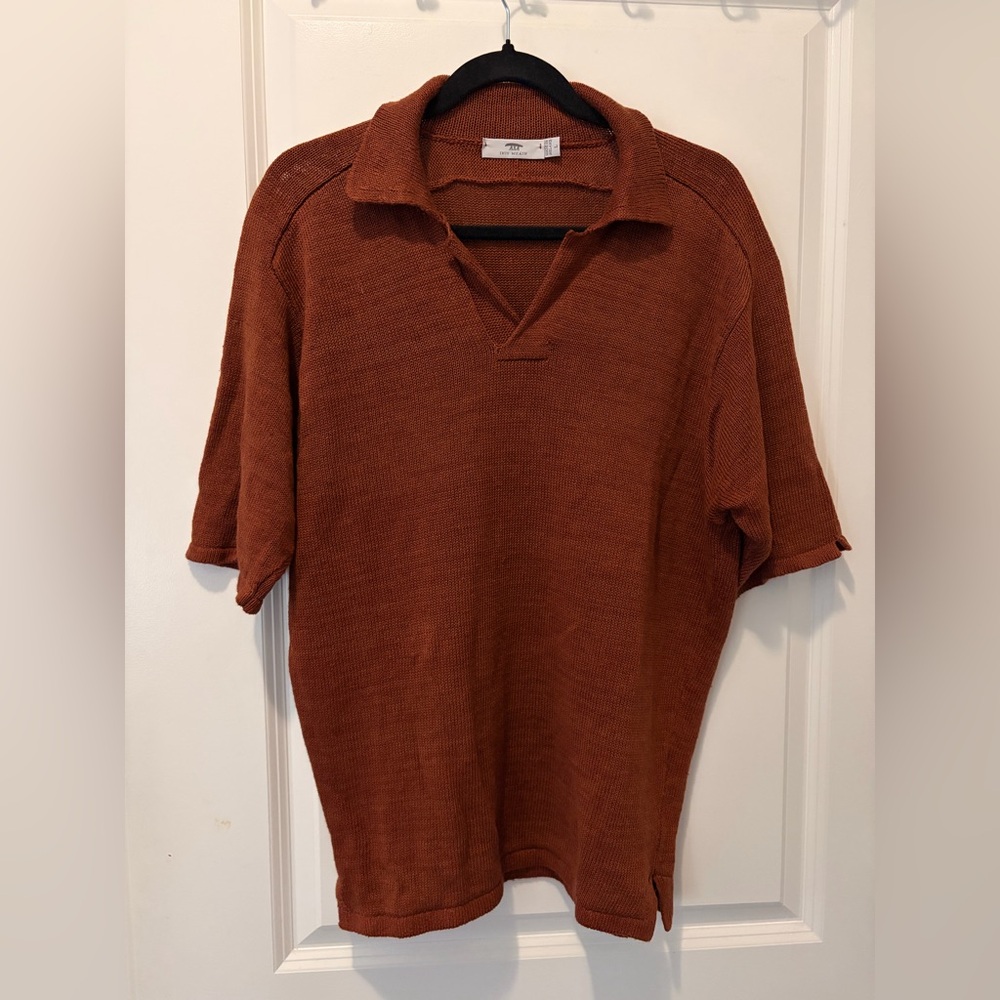 INIS MEÁIN 100% Linen Made in Ireland Buttonless Polo Shirt - Rust Brown - Large